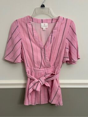 JB by Julie Brown Pink Striped Cotton Flutter Sleeve Faux Wrap Tie Waist Top 2